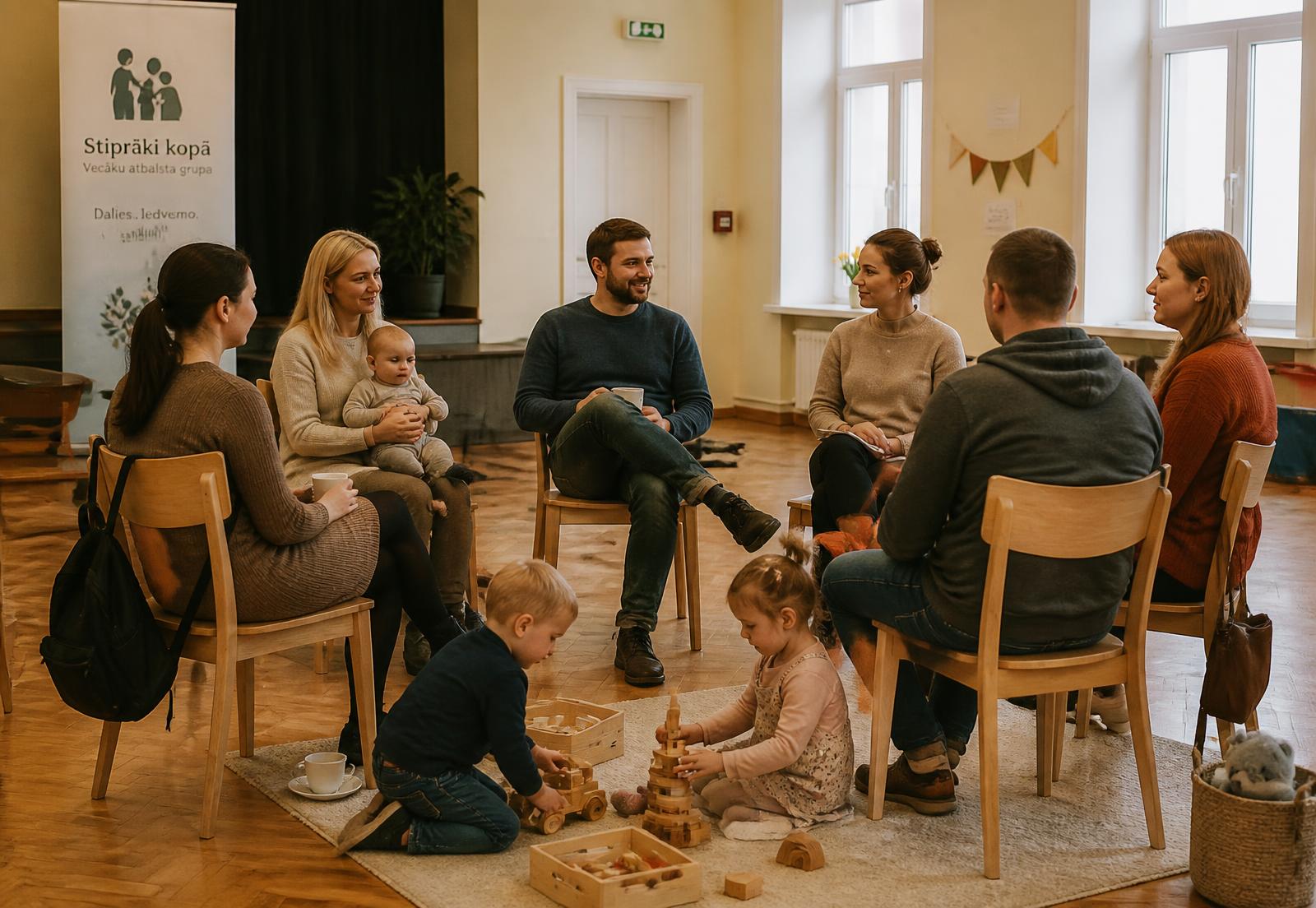 Parents and young children at a weekly support group in a community hall in Krimulda